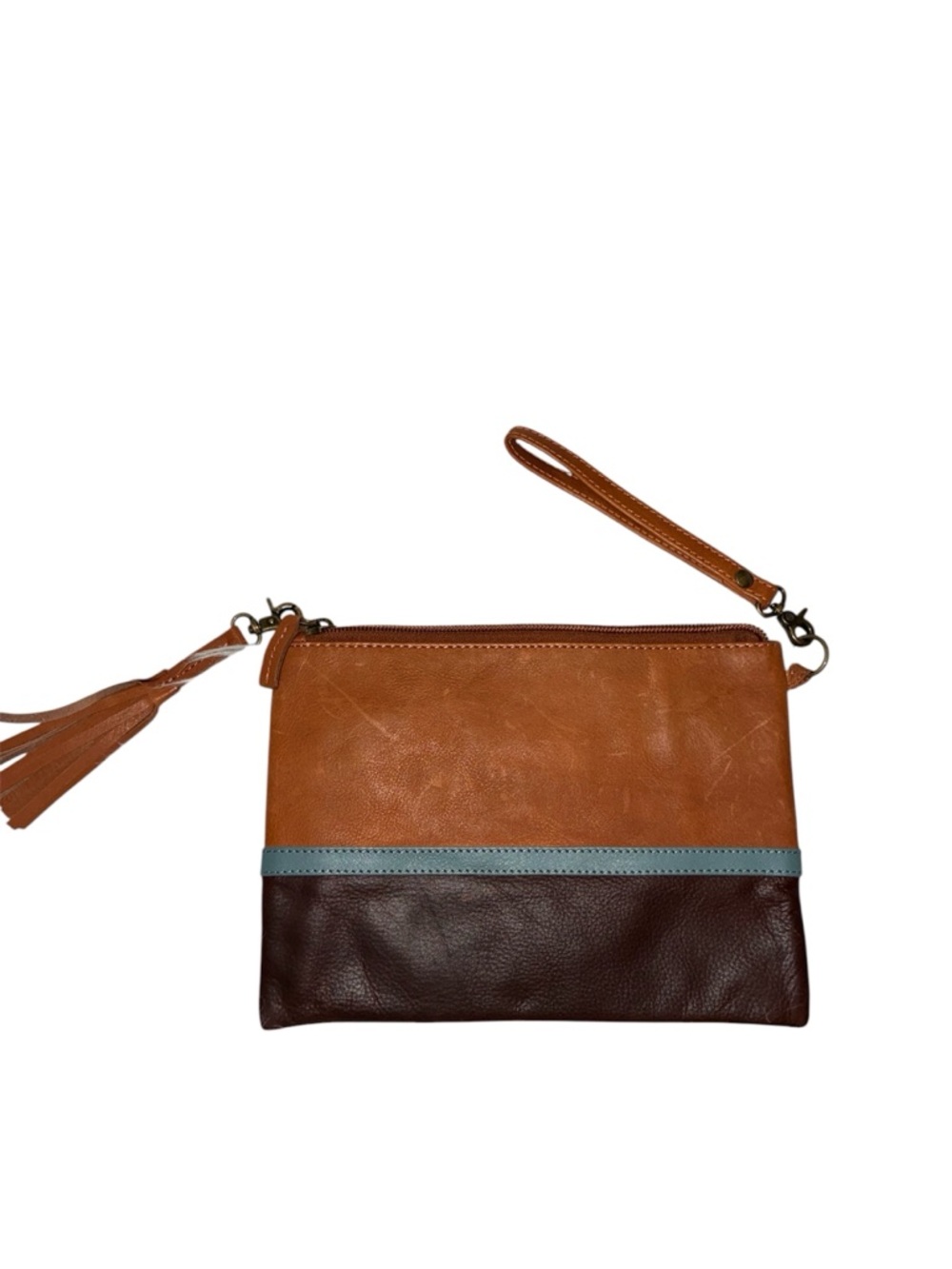 SERRV Beautiful Two-Tone Leather Wristlet Clutch in Tan and Brown